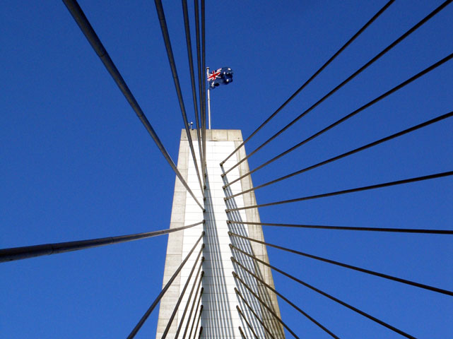 View of stay cables reaching up to the tower top